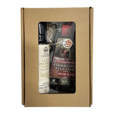 Oleum Comitis Extra Virgin Olive Oil Gift Box with 100 ml Bottle and Parmigiano Reggiano 24 M