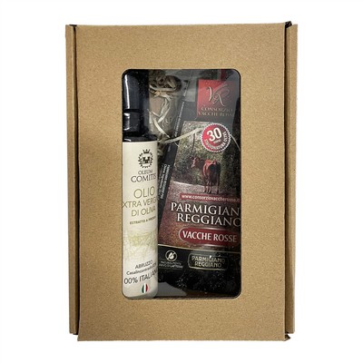 Oleum Comitis Natives Olivenöl Extra Geschenkset mit 100-ml-Flasche und Parmigiano Reggiano 30 M