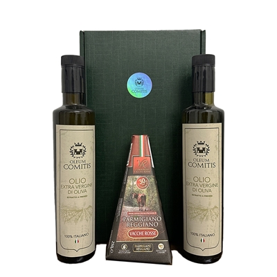 Oleum Comitis Geschenkbox mit nativem Olivenöl extra, 2 x 500 ml und 30 Monate Parmesan