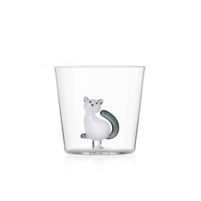 Ichendorf - Vaso Gato Blanco Con Cola Gris - Gato Atigrado - Diseño Alessandra Baldereschi