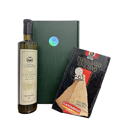 Geschenkbox mit nativem Olivenöl extra 750 ml und 24 Monate Parmesan