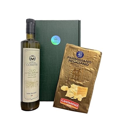 Oleum Comitis Geschenkbox mit nativem Olivenöl extra 750 ml und 40 Monate Parmesan