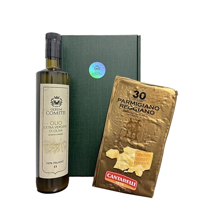 Oleum Comitis Geschenkbox mit nativem Olivenöl extra 750 ml und 30 Monate Parmesan