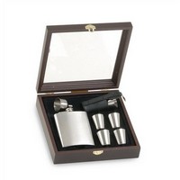 photo Liquor Flask Set with Funnel and 4 Stainless Steel Shot Glasses Wooden Gift Box 1