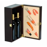 photo Orange Wooden Tasting Box for 2 Bottles, Box with Space for 6 Accessories Incl. 1