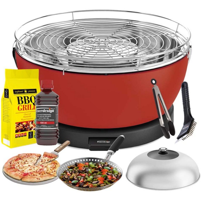 FEUERDESIGN - VESUVIO Grill RED - Kit with IGNITION GEL + CHARCOAL 3 Kg + TONGS + PIZZA STONE