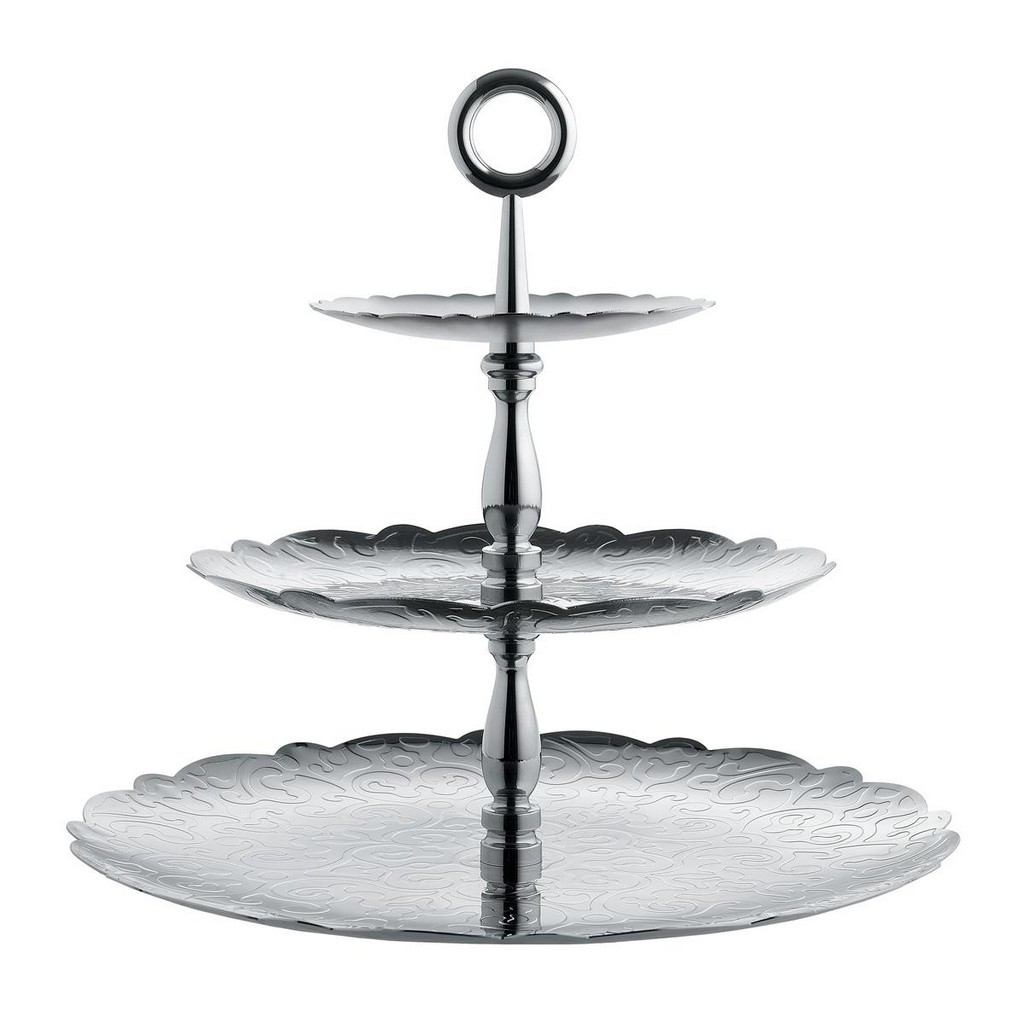 photo Stand de Alessi-Dressed con tres elementos en acero inoxidable 18/10 con decoración de alivio