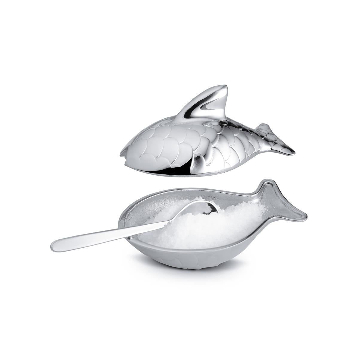 Alessi-Colombina fish Salt cellar with spoon in 18/10 stainless steel