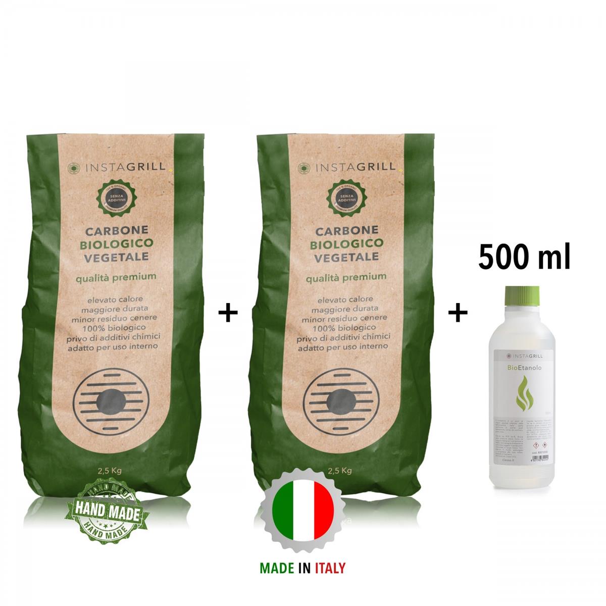 InstaGrill – Hochwertige pflanzliche Holzkohle – 2 x 2,5 kg + Bioethanol-Gel 500 ml