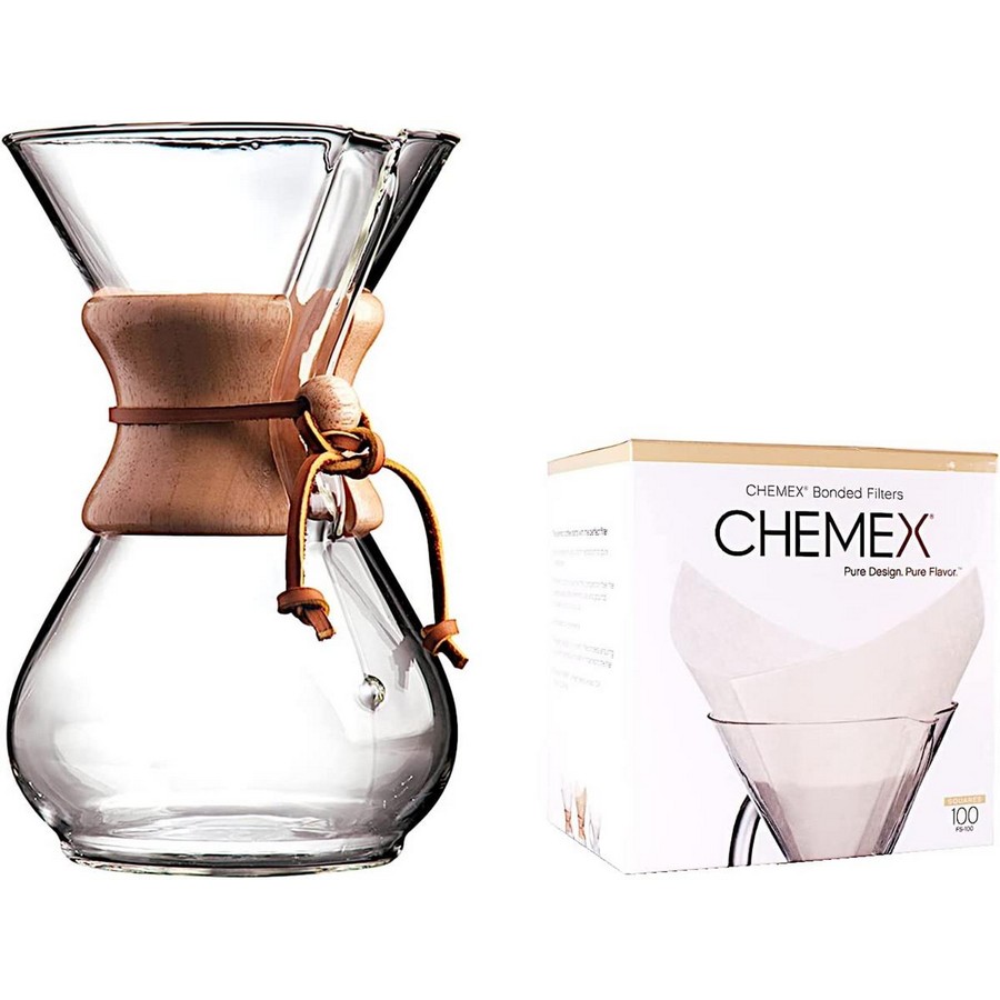 Chemex - Caffettiera 6 Tazze per Caffè Americano in Vetro con Impugnatura Anti-Ustione + 100 Filtri