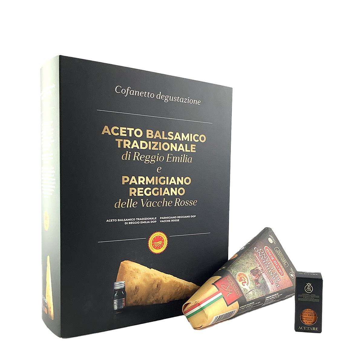 Box of Parmigiano Reggiano Vacche Rosse 40 Months and Reggio Emilia Balsamic Vinegar Gold Quality
