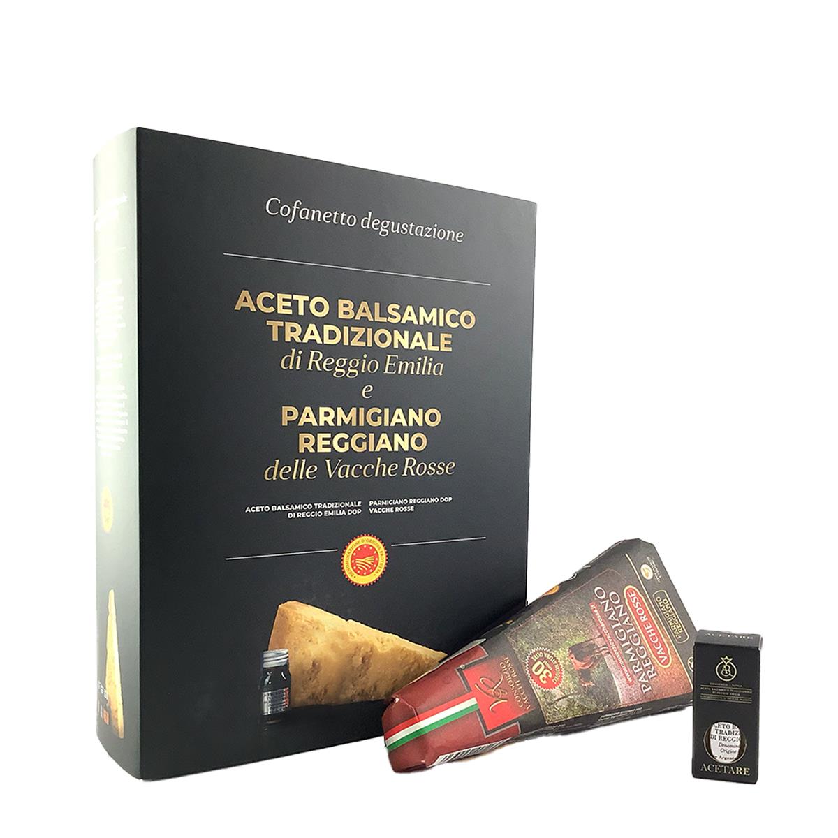 Schachtel Parmigiano Reggiano Vacche Rosse 30 Monate und Reggio Emilia Balsamico-Essig in Silberqua