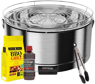 Stainless Steel Glass Hood+ Vegetable Pan Barbecue Tongs CHARCOAL 3 Kg TEIDE Stainless-Steel Grill- Kit with IGNITION GEL Cleaning brush Pizza Stone YeseatIs by FEUERDESIGN